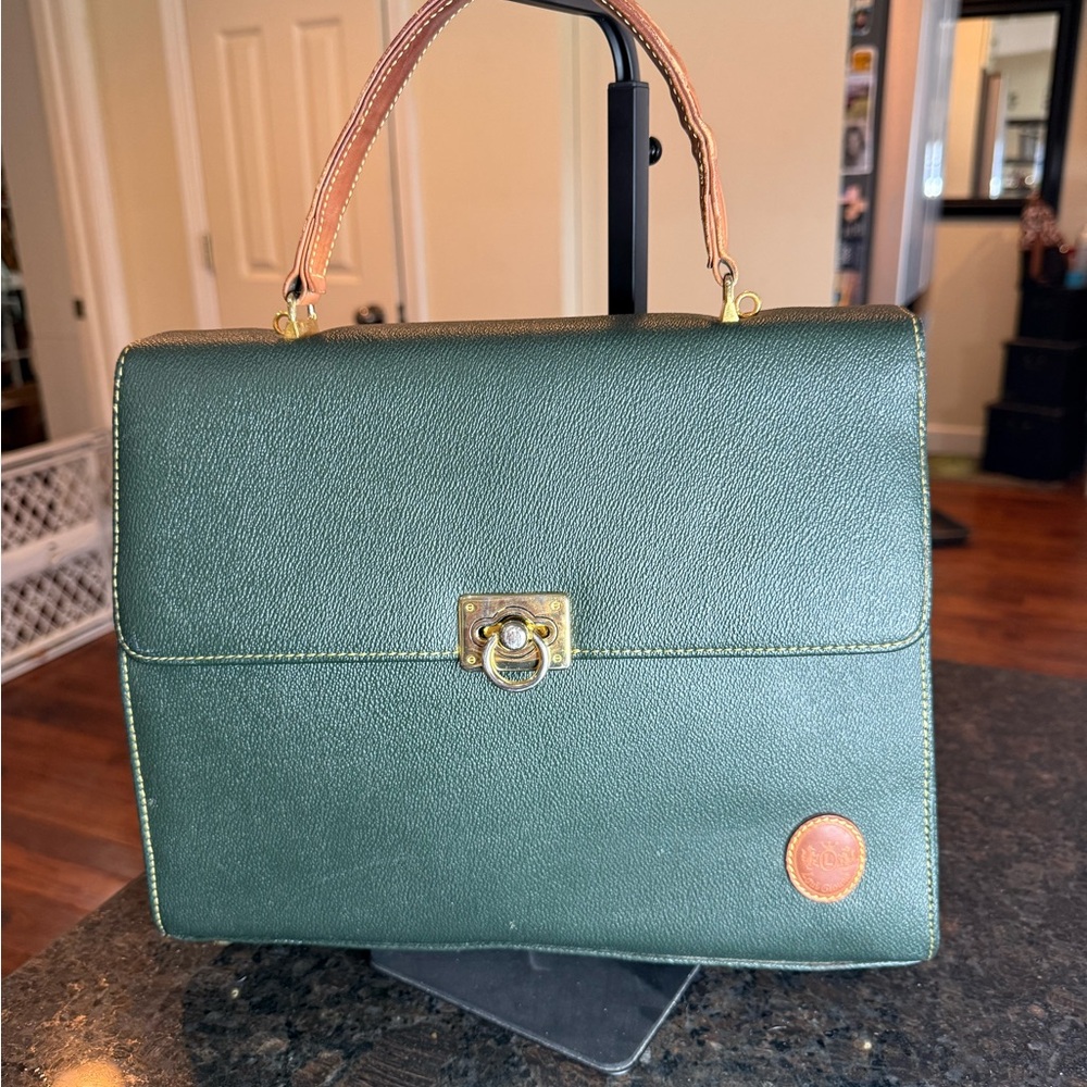 Vintage Structured Dark Green Top-Handle Satchel with Tan Handle
